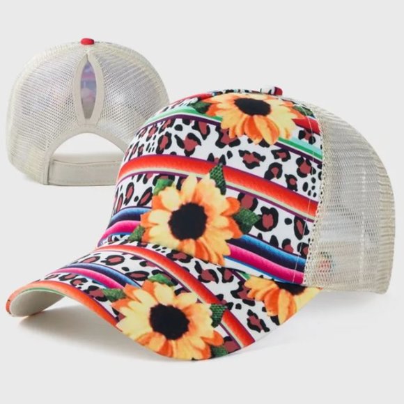 Sunflower Leopard Print Curved Bill Ponytail Cap - Picture 1 of 1